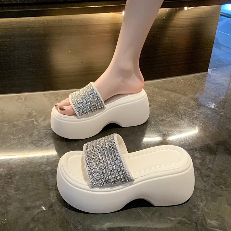 Fashion Glitter Rhinestone Designer Slippers Women's Platform Wedding Date Wedge Thick Sole Exquisite Outdoor Slippers
