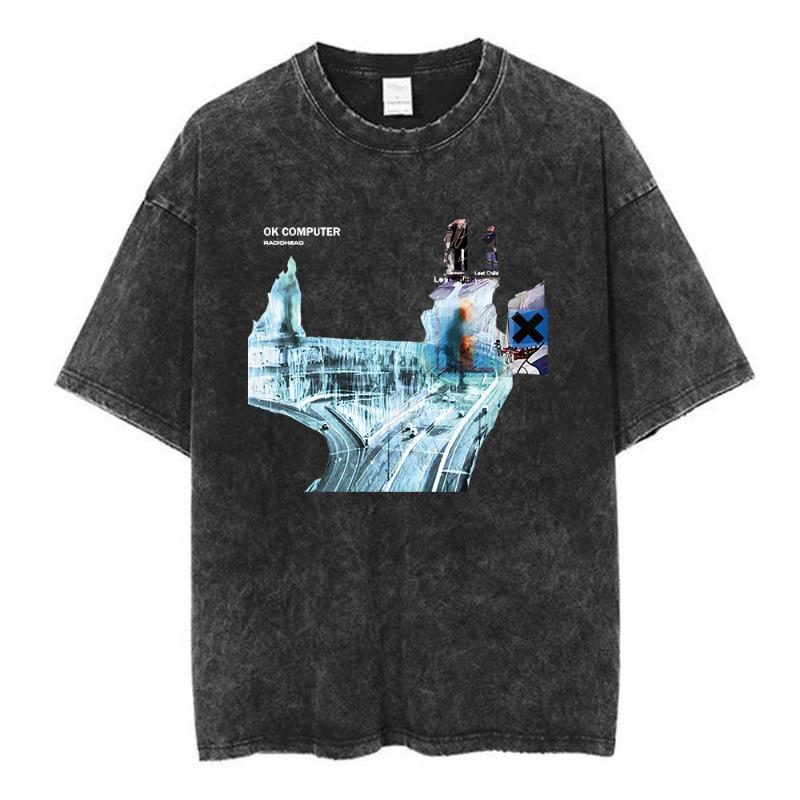 Radiohead Band OK Computer Retro Washed T-shirt women's and Fashion Hip Hop T-shirt 100% Cotton Casual T-shirt