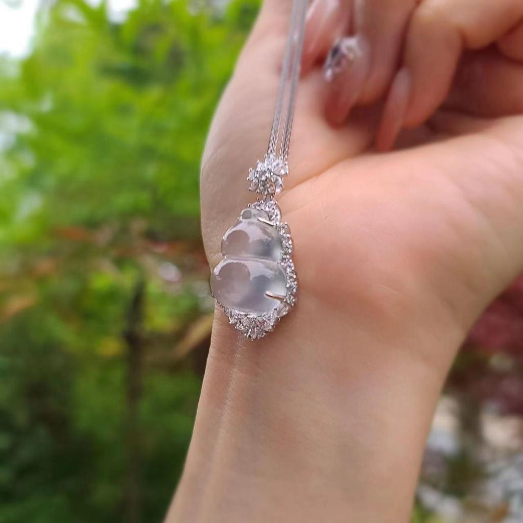 Подвеска-тыква из чистого серебра S925 с натуральным миццонитовым жадеитом - Высокий сорт льда для женщин, с китайским шармом Фу Лу