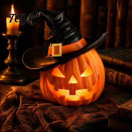 Weighted Solid Resin Figurines Halloween Pumpkin Ornament with Witch Hat, Jack O Lantern Decorative Lamp, Creepy Script Killing Props Spooky