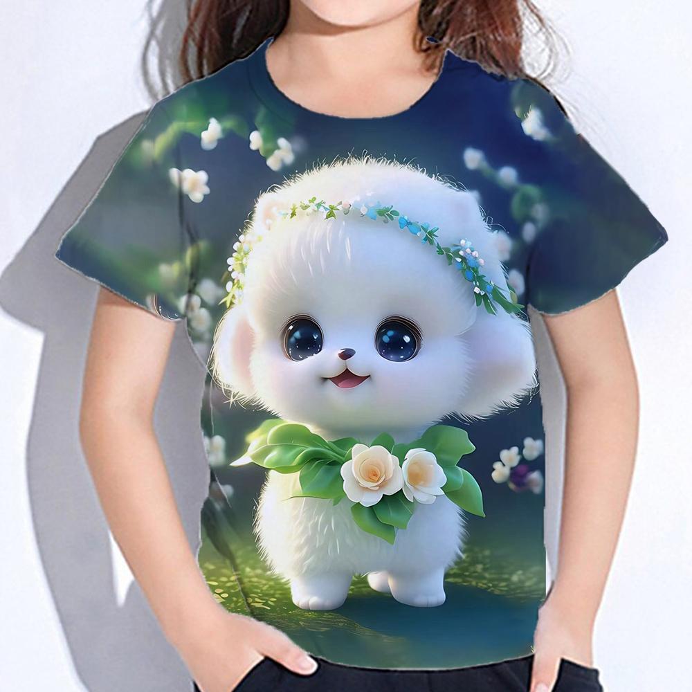 2025 Детская одежда Принт Одежда для девочек Модная блузка Kawaii Футболка Детская одежда Полиэстер Девушка Футболка с коротким рукавом