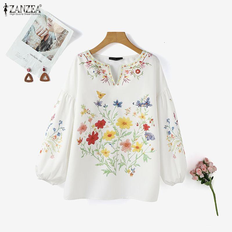 ZANZEA Женская блузка с круглым вырезом, длинным рукавом, повседневная, с цветочным принтом