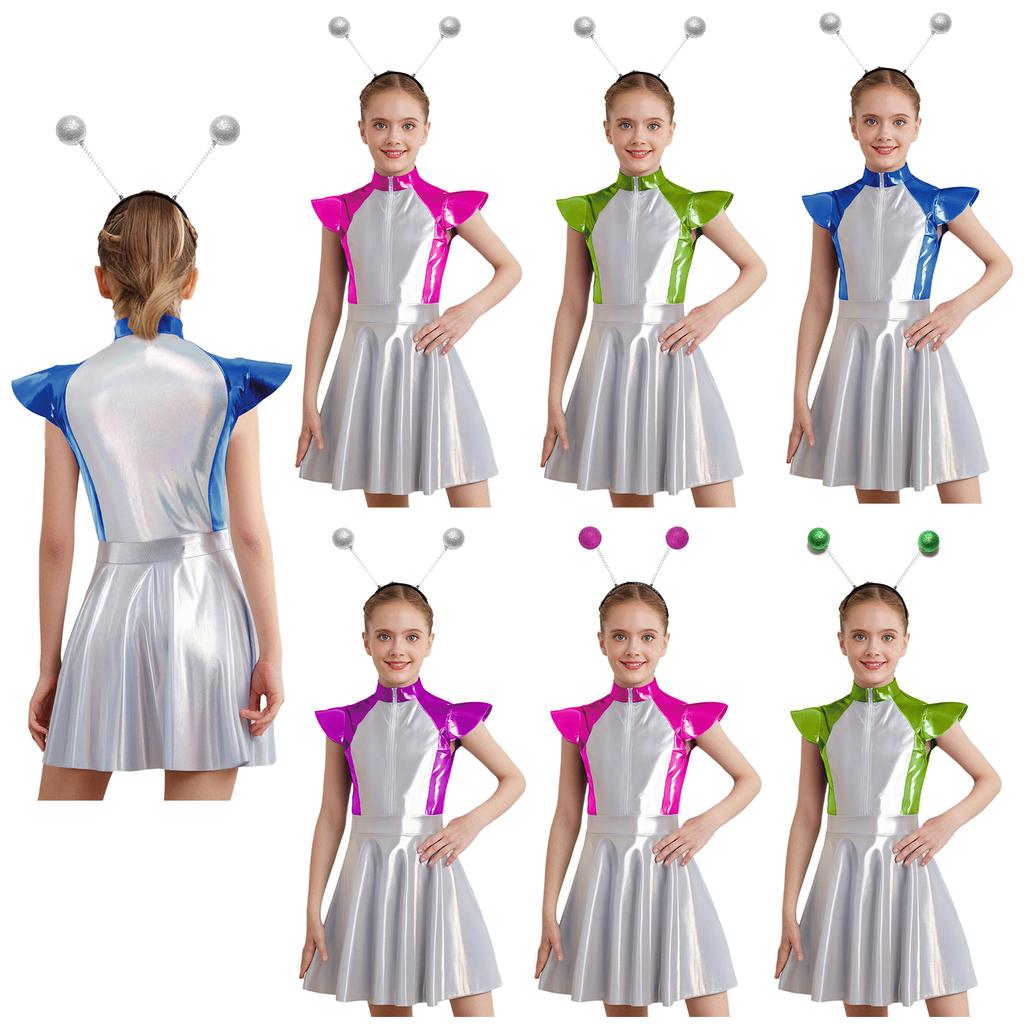 Girls Alien Costume Set Cap Sleeves High Waist Design A-Line Dress Outer Space Cutie Outfit Hair Hoop Included