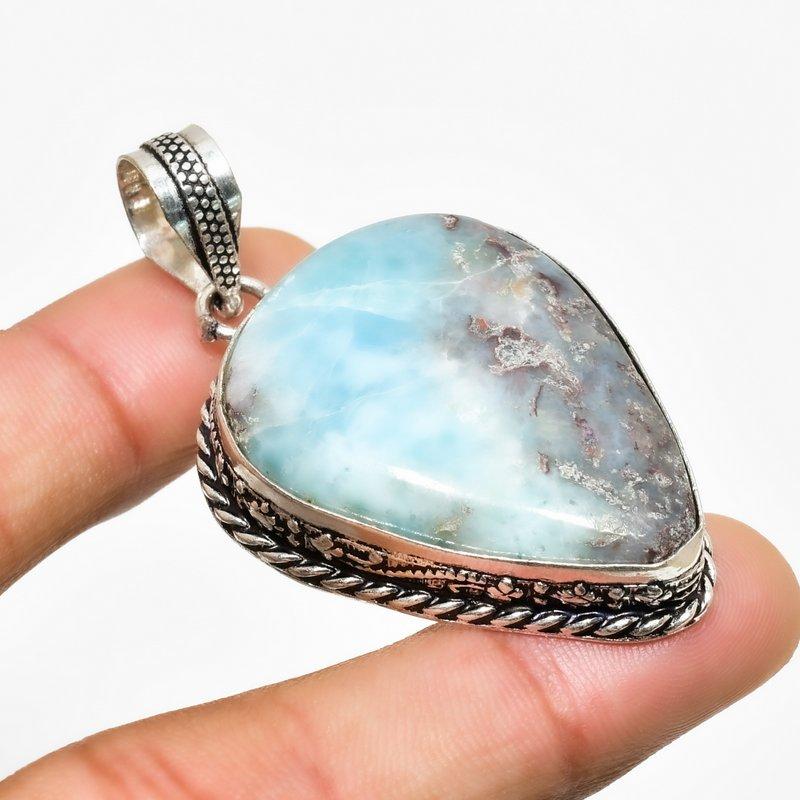 Republic Larimar Gemstone Handmade 925 Silver Plated Jewelry Pendant 2.08"