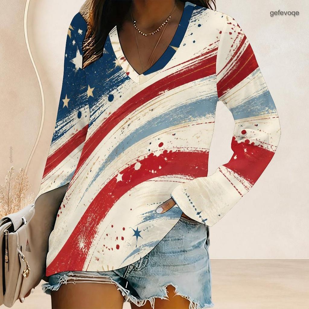 Women Plus Size V Neck Long Sleeve American Flag Printed Curved Hem Top