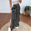 Women's New Striped Print Trousers High-slit Elastic Waist Split Pocket Wide-leg Pants