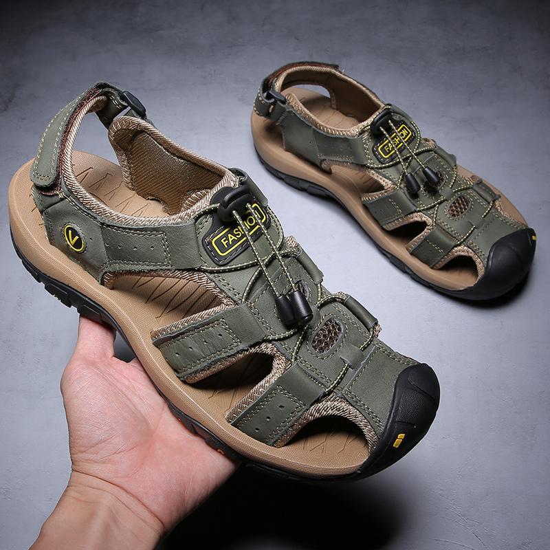 Мужские сандалии, кожаные прогулочные туфли с закрытым носком, широкие уличные спортивные сандалии для пеших прогулок, пляжных прогулок