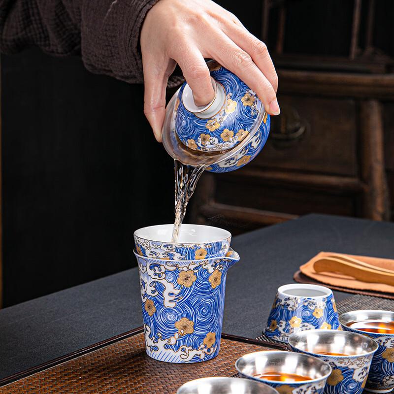 Zhuijia Blue & White Ceramic Gilt Silver Kung Fu Tea Set