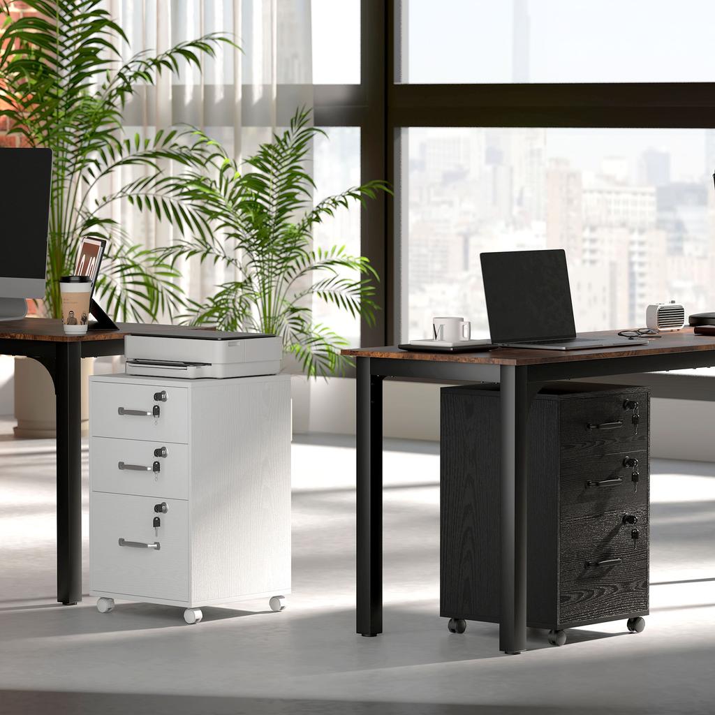 Mobile Office Pedestal, 3 Lockable Drawers, Storage Unit on Wheels, 40 x 40 x 69.5 cm, White