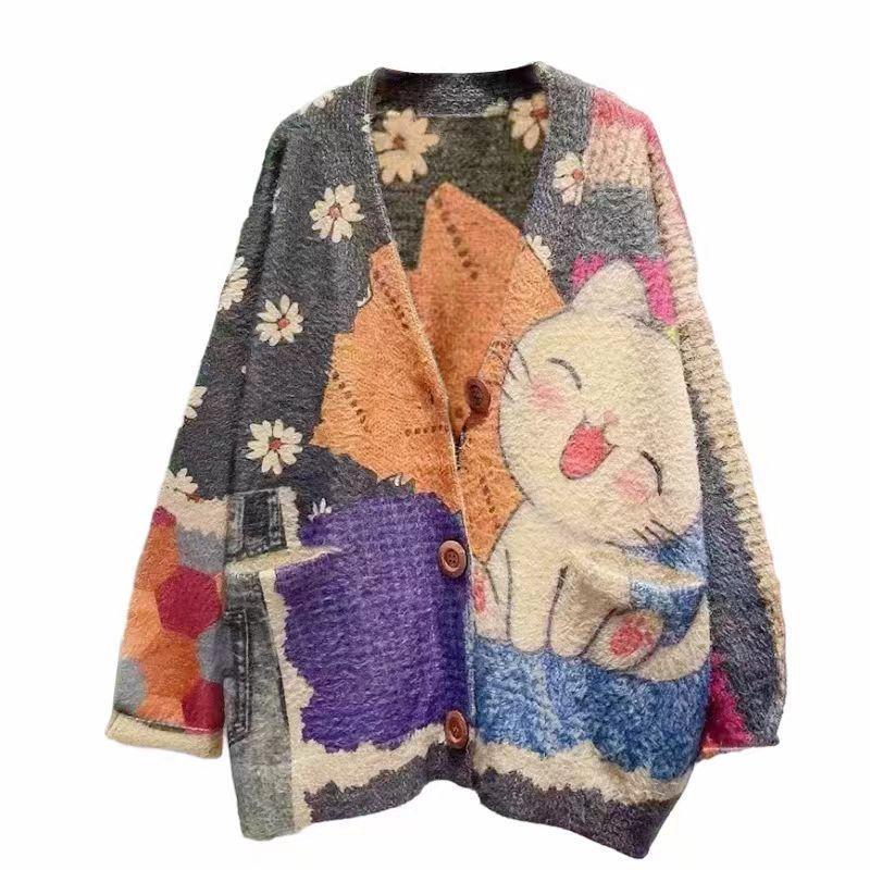 Women's Literary Retro Fall Printing Mink Cardigan Loose Thin Long-sleeved V-neck Knitted Jacket Blouse