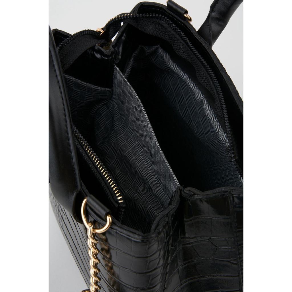 Women's Black Faux Leather Croco Patterned Strap Snap Fastener Zipper Closure Hand And Shoulder Bag