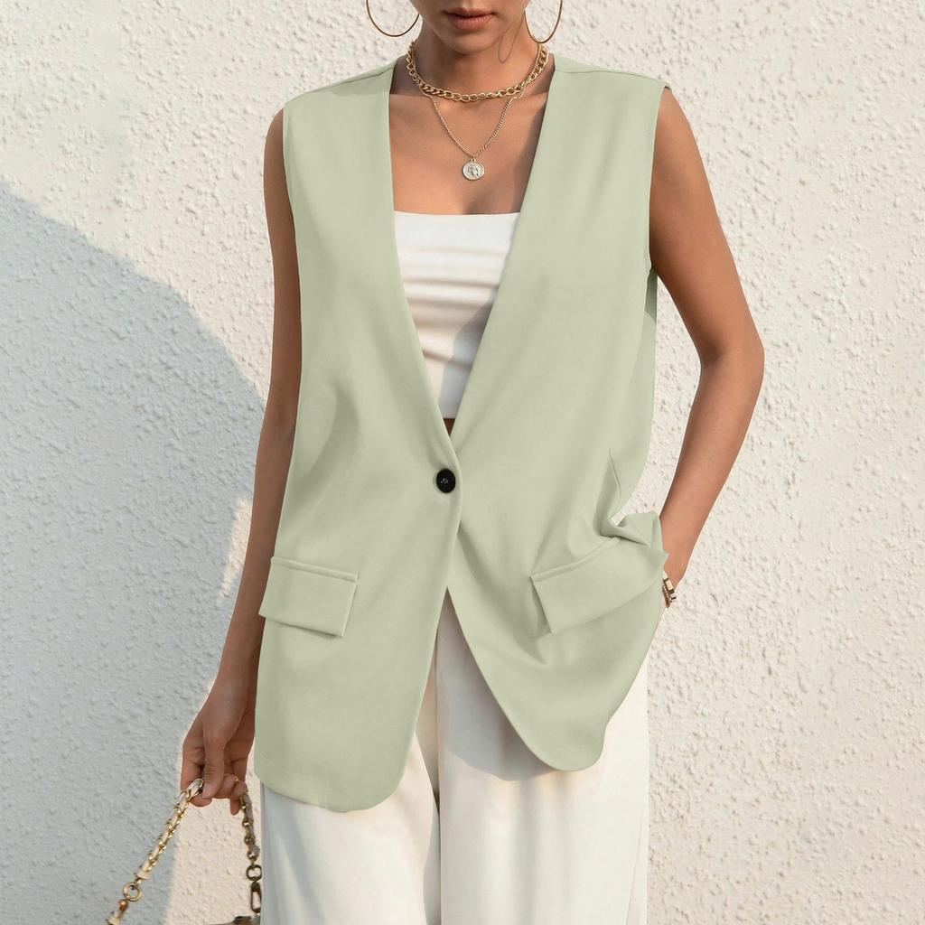 Ladies Summer Suit Jacket Work Casual Sleeveless V-Neck Single Button Solid Color Suit Vest
