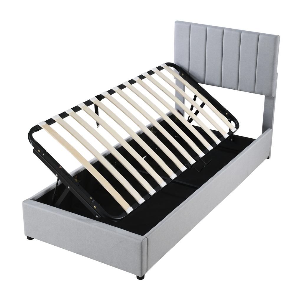 Children's Upholstered Bed 90x200 cm, Hydraulic Storage Bed, Skin-friendly Linen High Box Bed, Grey