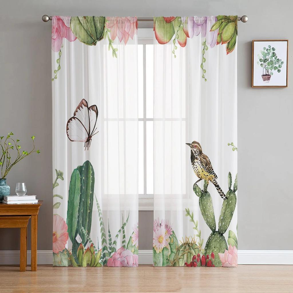 Spring Flower Bloom Butterfly Bird Tulle Curtains for Living Room Kitchen Bedroom Sheer Tulle for Cafe Hotel Modern Home Decor