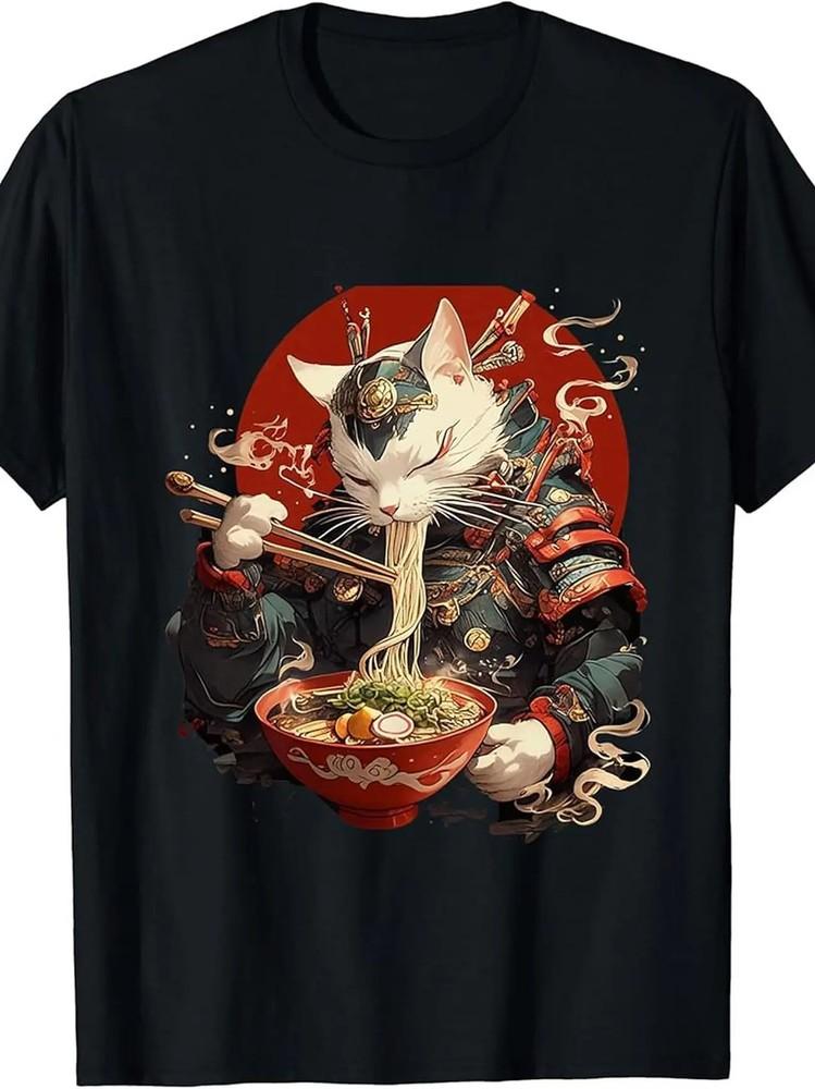 180g Japanese Art Ramen Cat Ninja Ukiyo-e Anime Style Samurai Cat T-Shirt | 100% Unisex T-Shirt