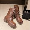 Ретро-ботинки для байкеров со шнуровкой длиной до середины голени, женские зимние модные ботинки на толстой платформе с квадратным носком и боковой молнией