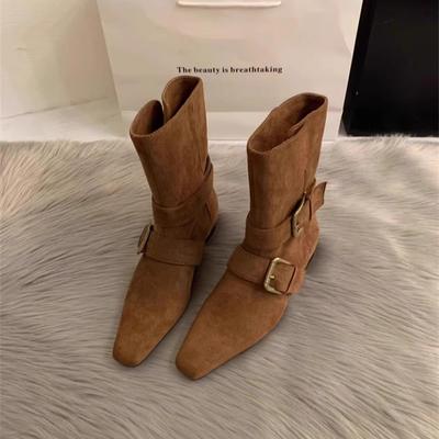 2025 корейская версия новых нишевых дизайнерских ретро французских коротких ботинок с квадратным носком, ковбойские ботинки средней высоты, женские ботинки Мартин