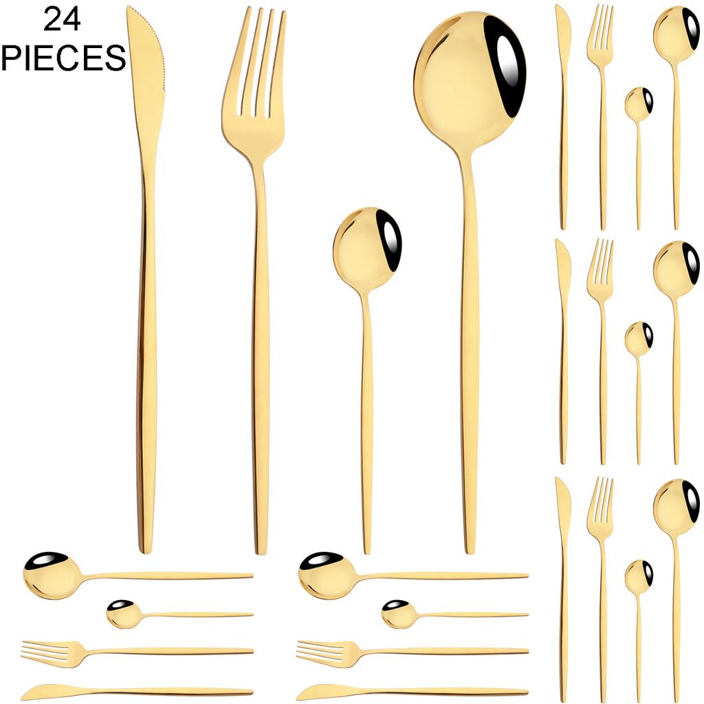 Gold 24Pcs Dinnerware Cutlery Set Knife Fork Coffee Spoon Tableware Set Mirror Stainless Steel Flatware Western Kitchen Silverware