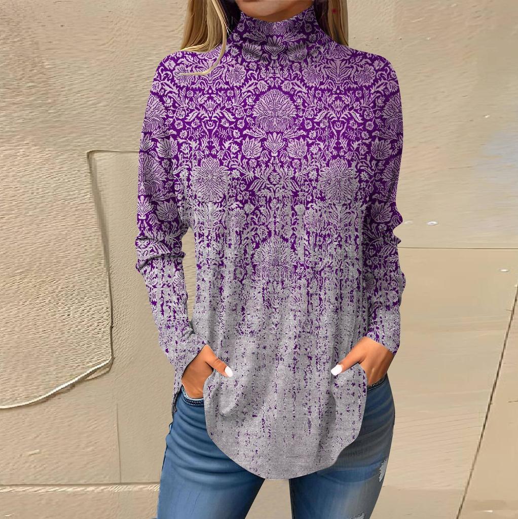 Футболки для женщин, осенние повседневные рубашки с длинными рукавами, толстовка с винтажным принтом, топ с высоким воротом, пуловер