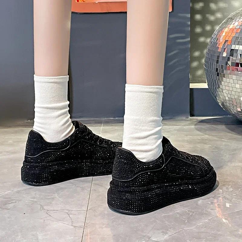 New Luxury Women Platform Shoes Rhinestones Thick-soled Black Designer Shoes Shining Crystal Sneakers Trend Casual Sneakers