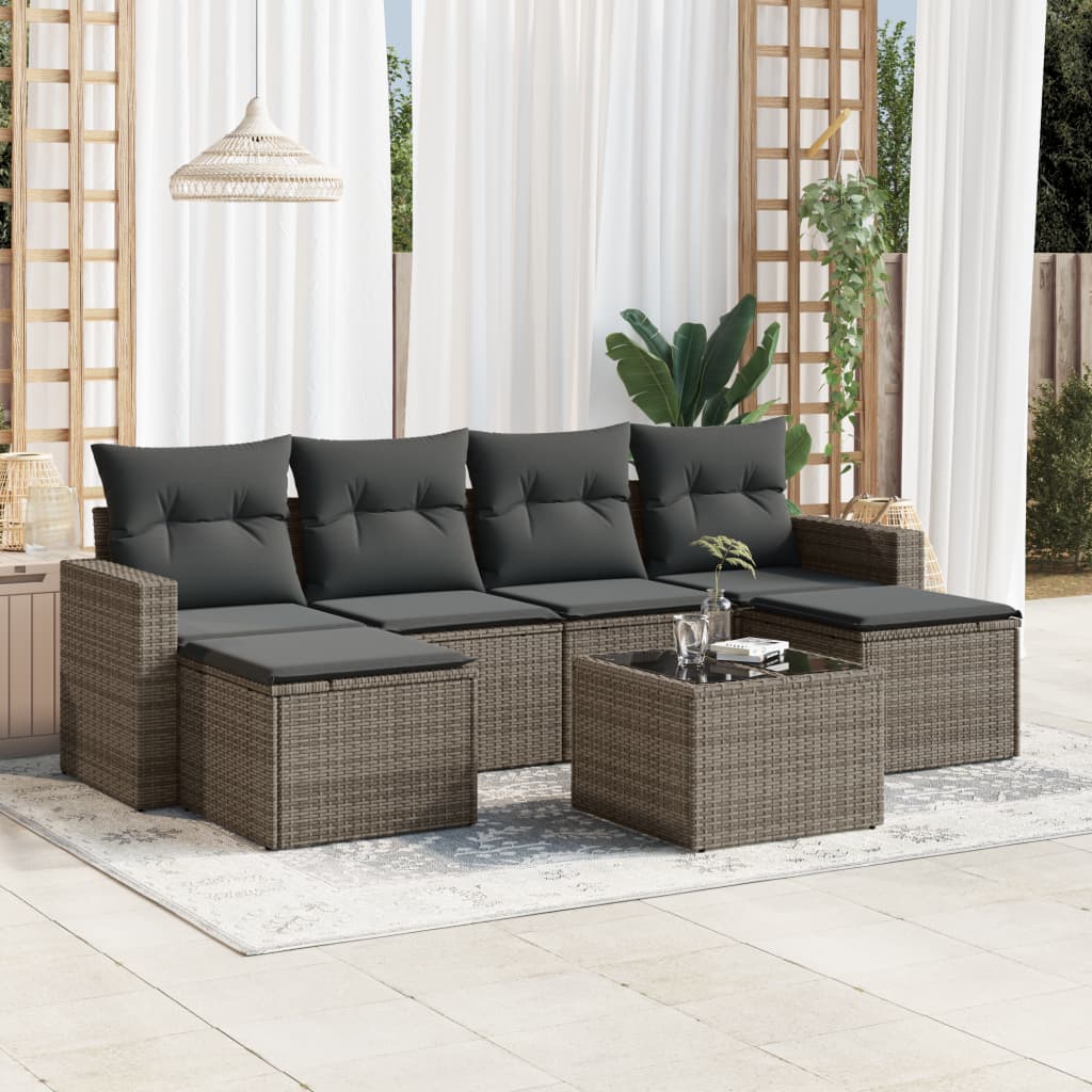 7 Piece Garden Sofa Set with Cushions Gray Poly Rattan