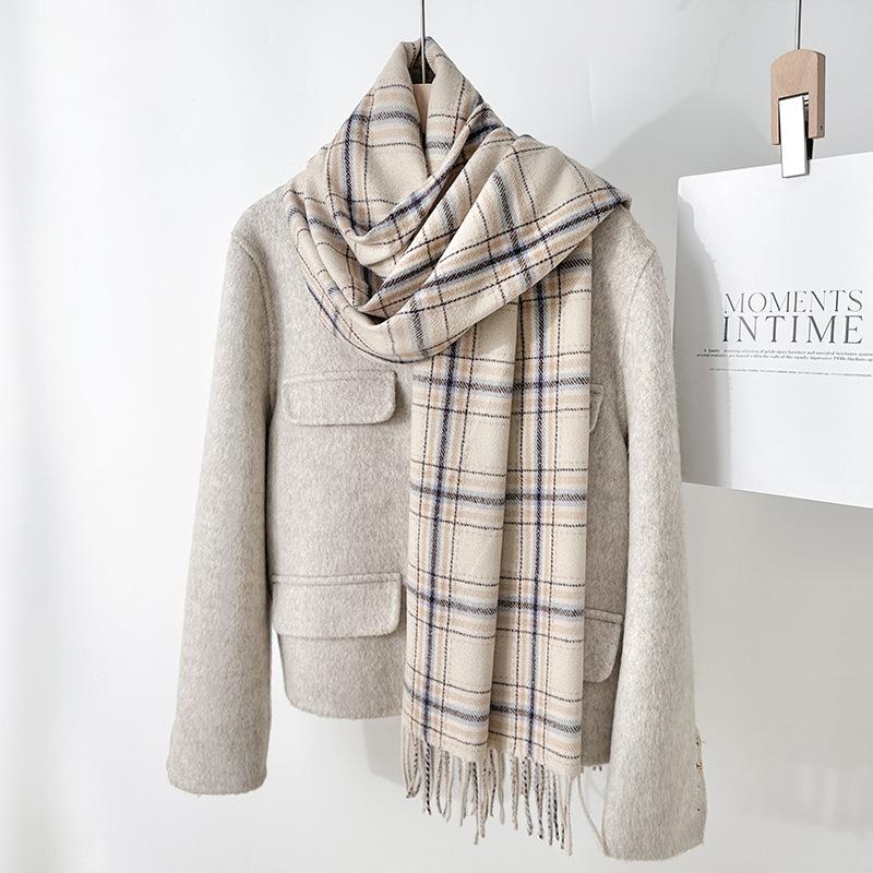 Lazy wind small fresh fashion autumn and winter fringed plaid warm scarf simple temperament imitation cashmere shawl