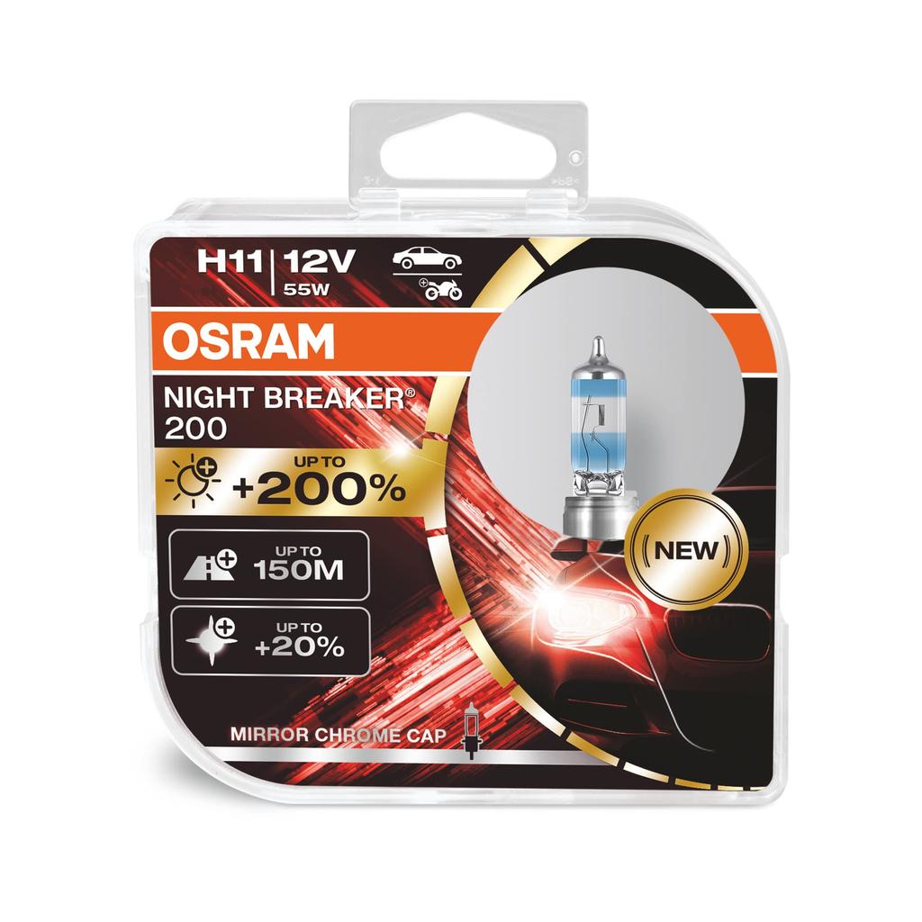 Osram NIGHT BREAKER 200, H11, на 200% больше яркости, галогенная лампа головного света, 64211NB200-HCB, автомобиль 12 В, Duo Box (2 лампы)