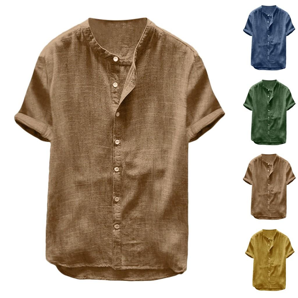 Men's Casual Loose Shirt Solid Color Thin Cotton Linen T-shirt Top