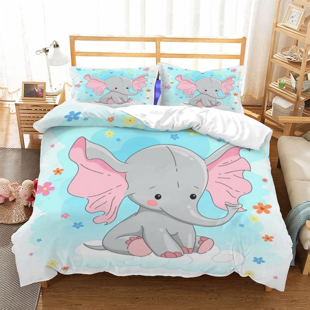 Kawaii Elephant Duvet Cover Set Cute Animals Quilt Cover Twin Queen Soft Microfiber Cartoon Bedding Set For Boys Girls Room Dorm