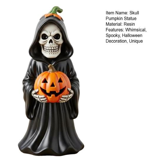 Хэллоуин Череп Тыква Фигурка Смола Скелет Держащий Тыкву Статуэтка Жуткие Настольные Украшения для Домашнего Декора