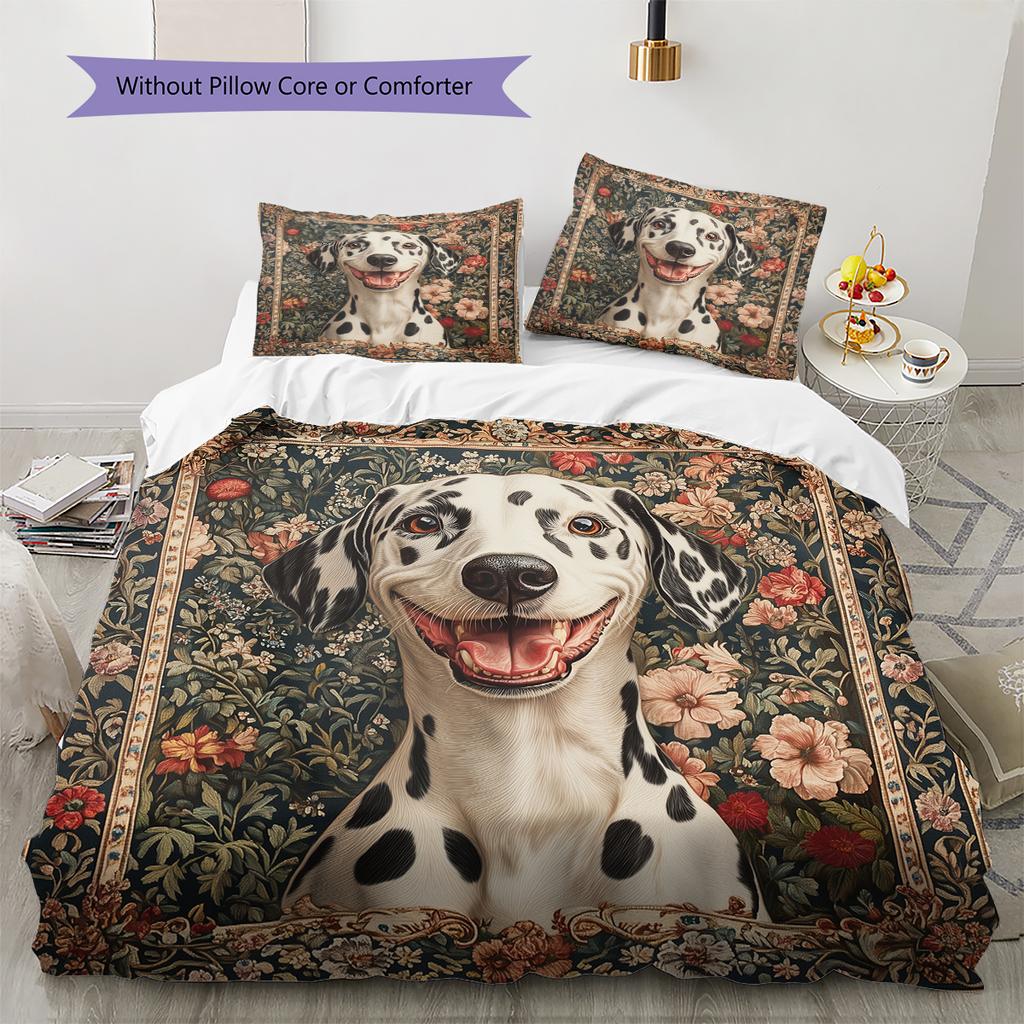 Dalmatian and Flowers Pattern Bedding Home Decoration Birthday Gift (1 * duvet cover + 2 * pillowcase, without core)