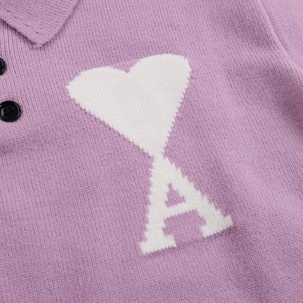 AMI New Polo Collar Knitted Sweater Jacquard Love Couple Woolen Sweater