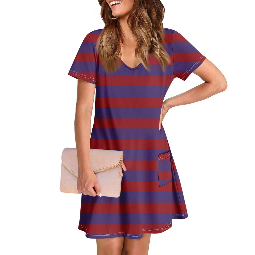 Женское повседневное и модное платье средней длины с V-образным вырезом и короткими рукавами с принтом