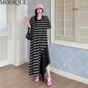 MODIQUE Summer Plus Size Women Loose Versatile Black And White Stripes Patchwork Long Dresses Female Casual Short Sleeve U-Neck Dresses