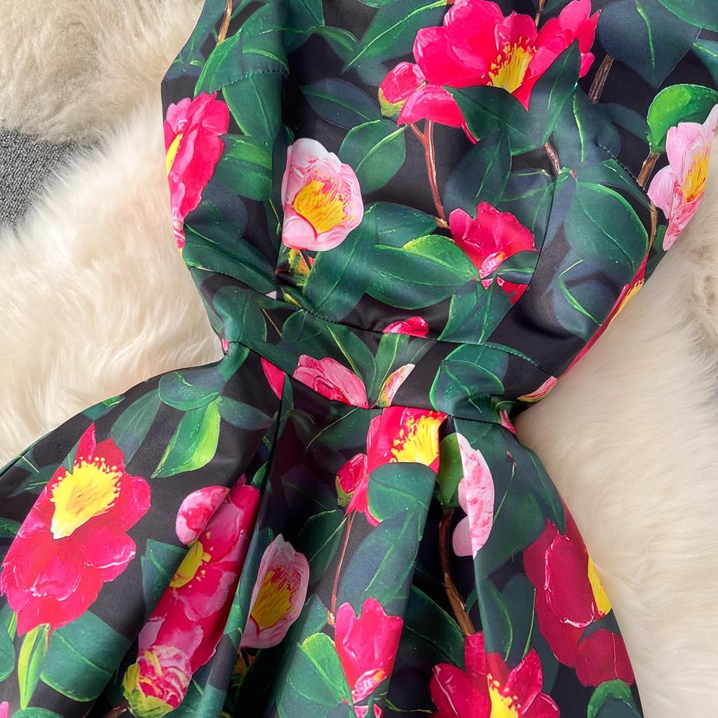 Summer Fashion Flower Vest Midi Dress Women's Sleeveless O-Neck Tank Floral Print Slim A Line Ball GownWomen Dresses