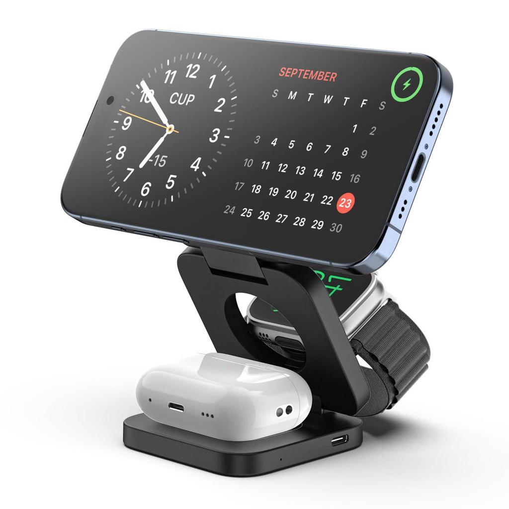 Складное беспроводное зарядное устройство 3-в-1: Идеально для телефонов Apple, Huawei, Xiaomi. Идеально подходит как для офисного, так и для домашнего использования.