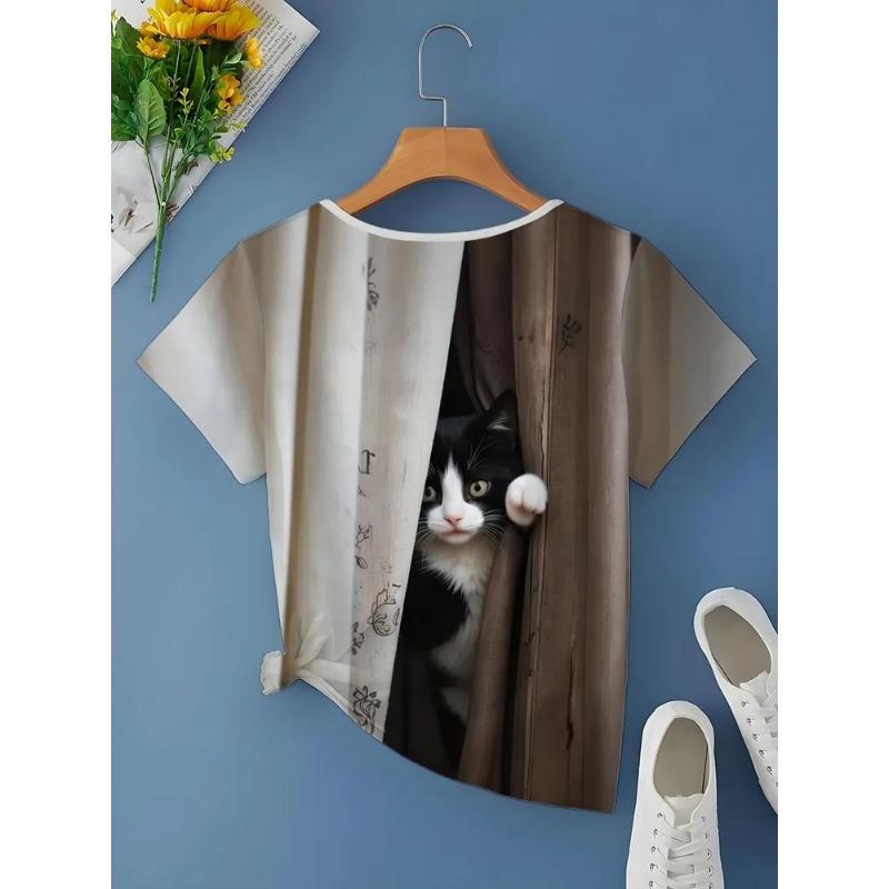 Женская футболка с V-образным вырезом, напечатанная на 3D-принтере, с рисунком котенка, универсальная, летняя, свежая, женская версия, дышащая, машинная стирка, топ для улицы