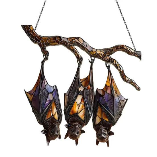 Halloween Colorful Bat Hanging Decoration Stained Glass 2D Flat Acrylic Witch Hat Suncatcher Indoor Outdoor Wall Window Hanging Sign Ornament