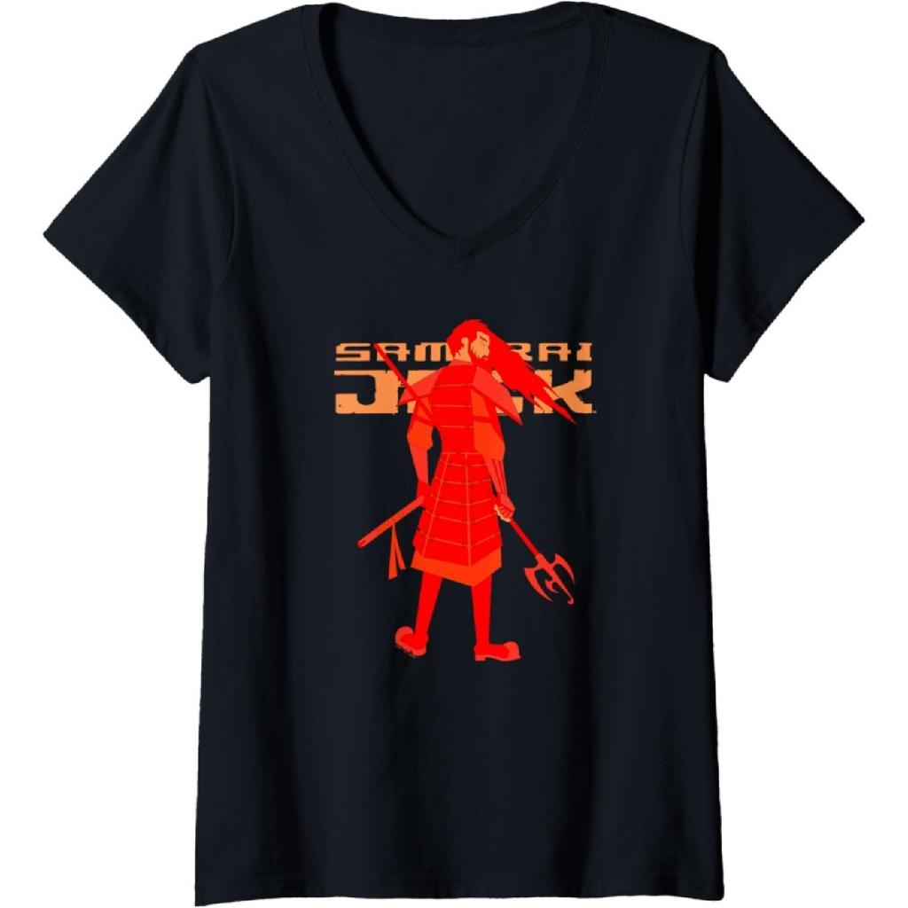 Samurai Jack Red Warrior Pose V-Neck T-Shirt
