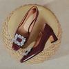 Square Head High Heels Thick Heel 2025 New Spring and Autumn Large Size Women's Shoes Rhinestone Square Buckle Burgundy Medium Heel Shallow Mout