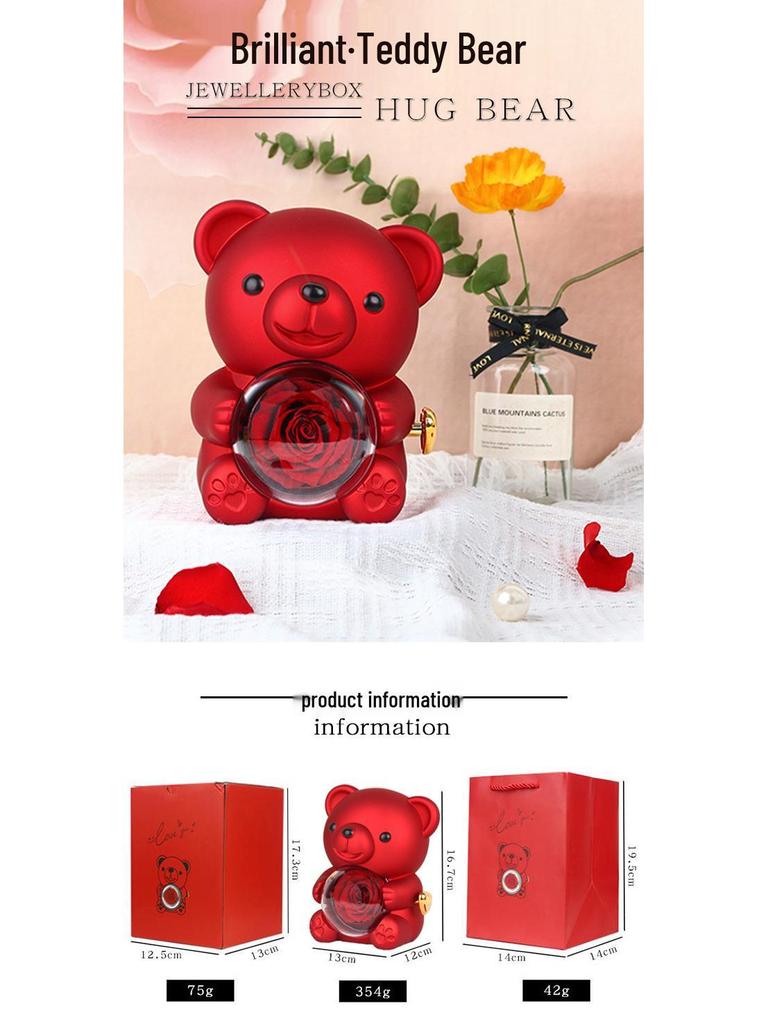 Высококачественная вращающаяся шкатулка для украшений в виде медведя с неувядающими цветами - Идеальный подарок на День святого Валентина