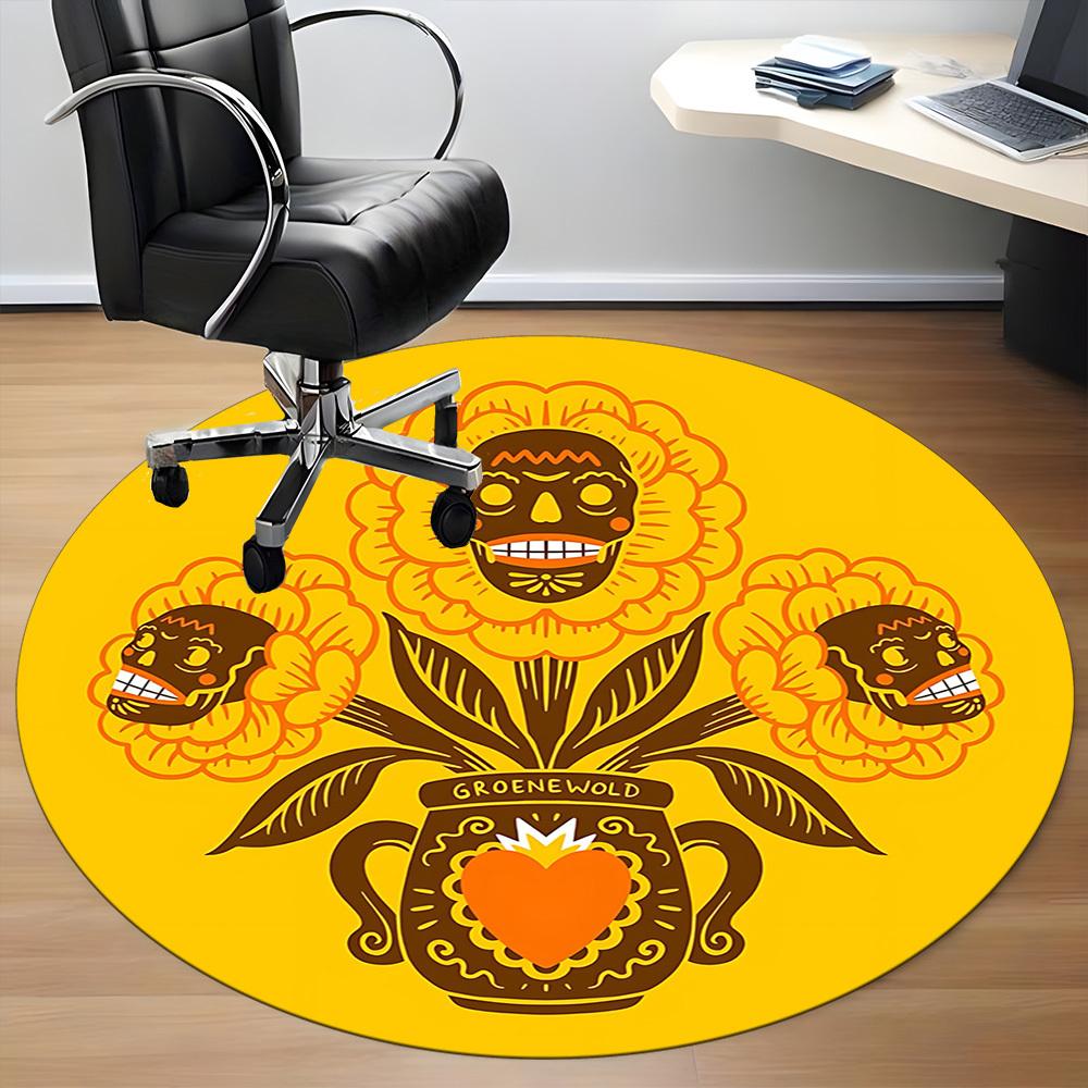 1pc Floral Skulls Office Round Area Rug,  Mat Suitable For Office, Under Office Chairs Bedroom Living Room Home Decor, Room Deco