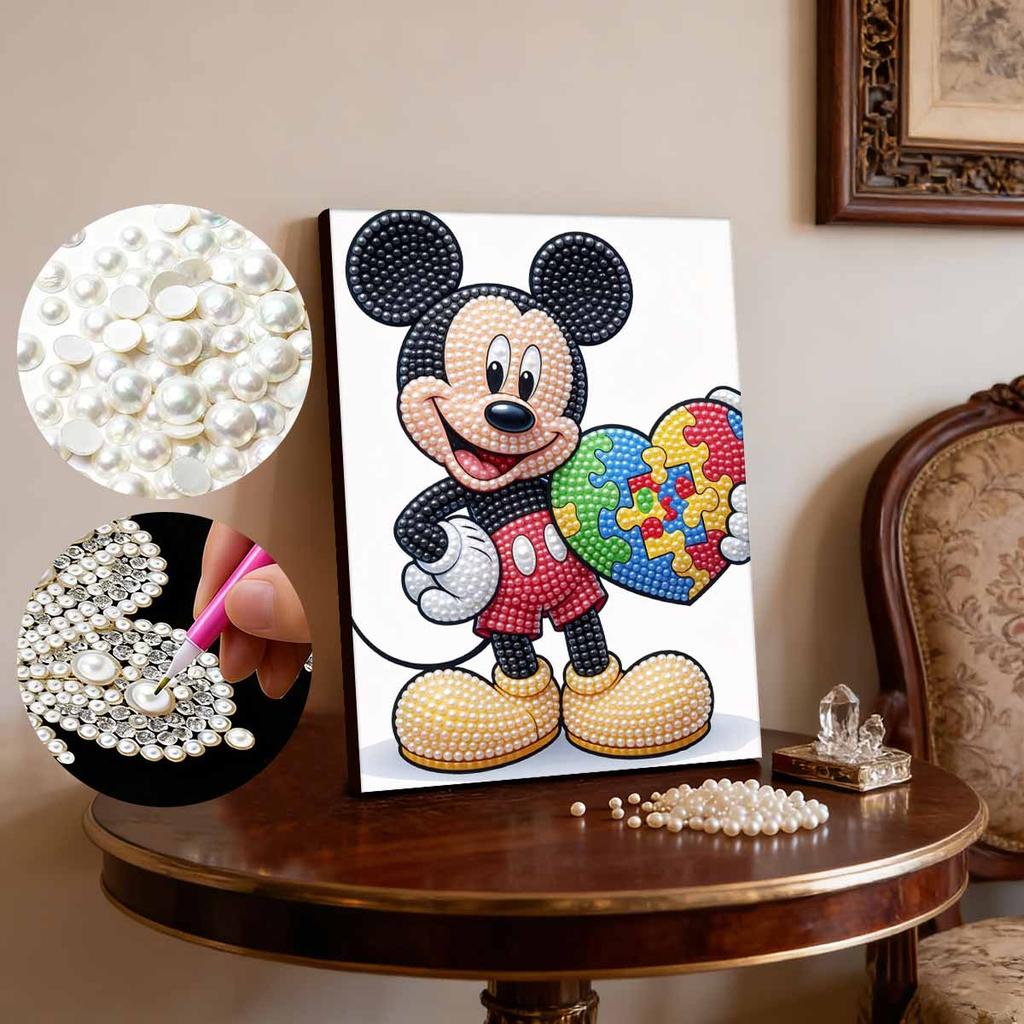 Disney Mickey Series Pearl Inlaid Frameless Art | Creative Rainbow Puzzle Heart | Modern Wall Decor for Adult Lounge & Living Space