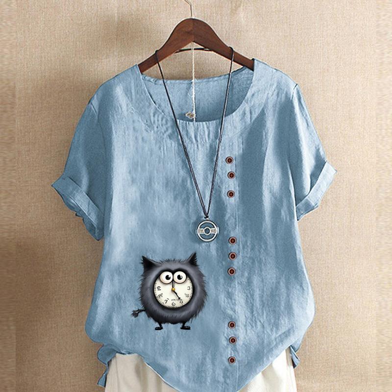 Women's Fashion Alarm Clock Cat Prined Short Sleeve T-shirt Loose Cotton Shirt Casual Loose Summer Blouse Tops Plus Size