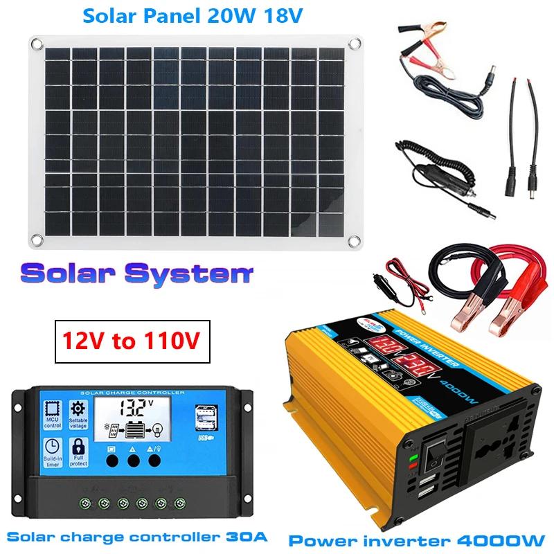 12 В до 110 В/220 В Солнечная панель Система 20 Вт Солнечные панели 30 А Контроллер 6000 Вт Модифицированный синусоидальный инвертор Комплект для генерации электроэнергии на открытом воздухе