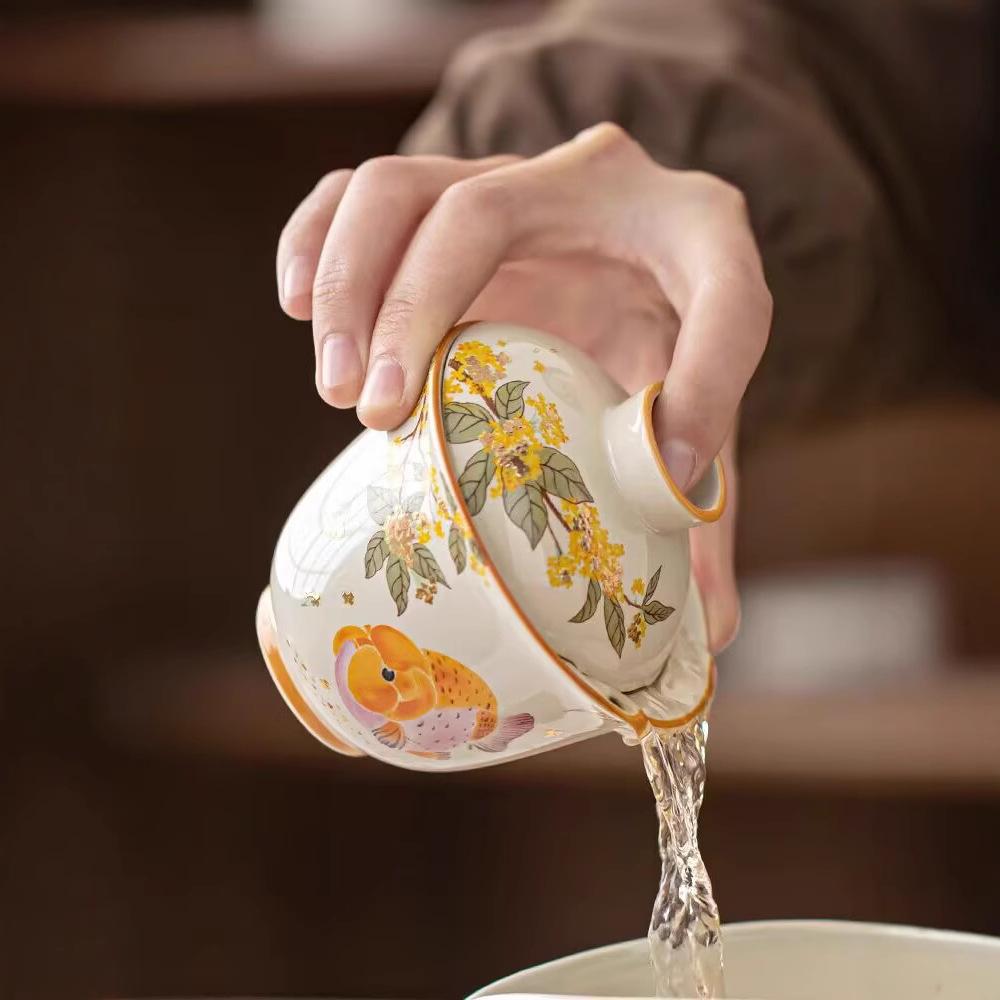 Osmanthus Goldfish Ingot Cover Bowl Teacup Large Ercai Ceramic Tea Bowl With Cover Kung Fu Tea Set Tea Maker