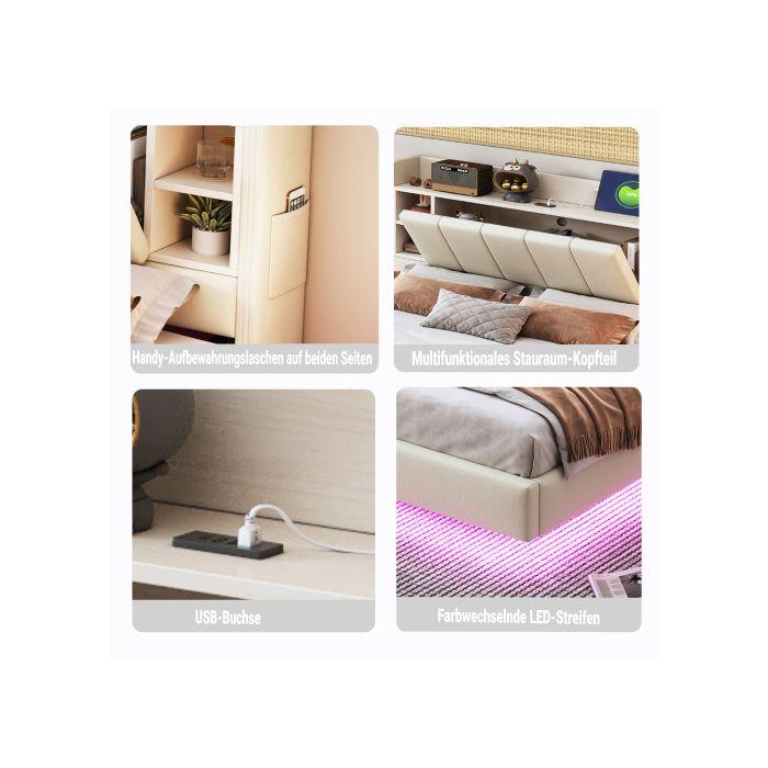 Lit - MUVOE - 140 x 200 cm - Rembourré - Prise USB - Bande lumineuse LED