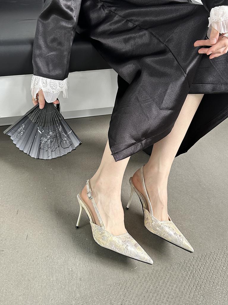 Мода Черный Бежевый Фиолетовый Женские Сандалии Острый Носок Летние Туфли Шелковые Элегантные Модные Вечерние Сандалии Тонкие Высокие Каблуки Сзади Ремешок 39