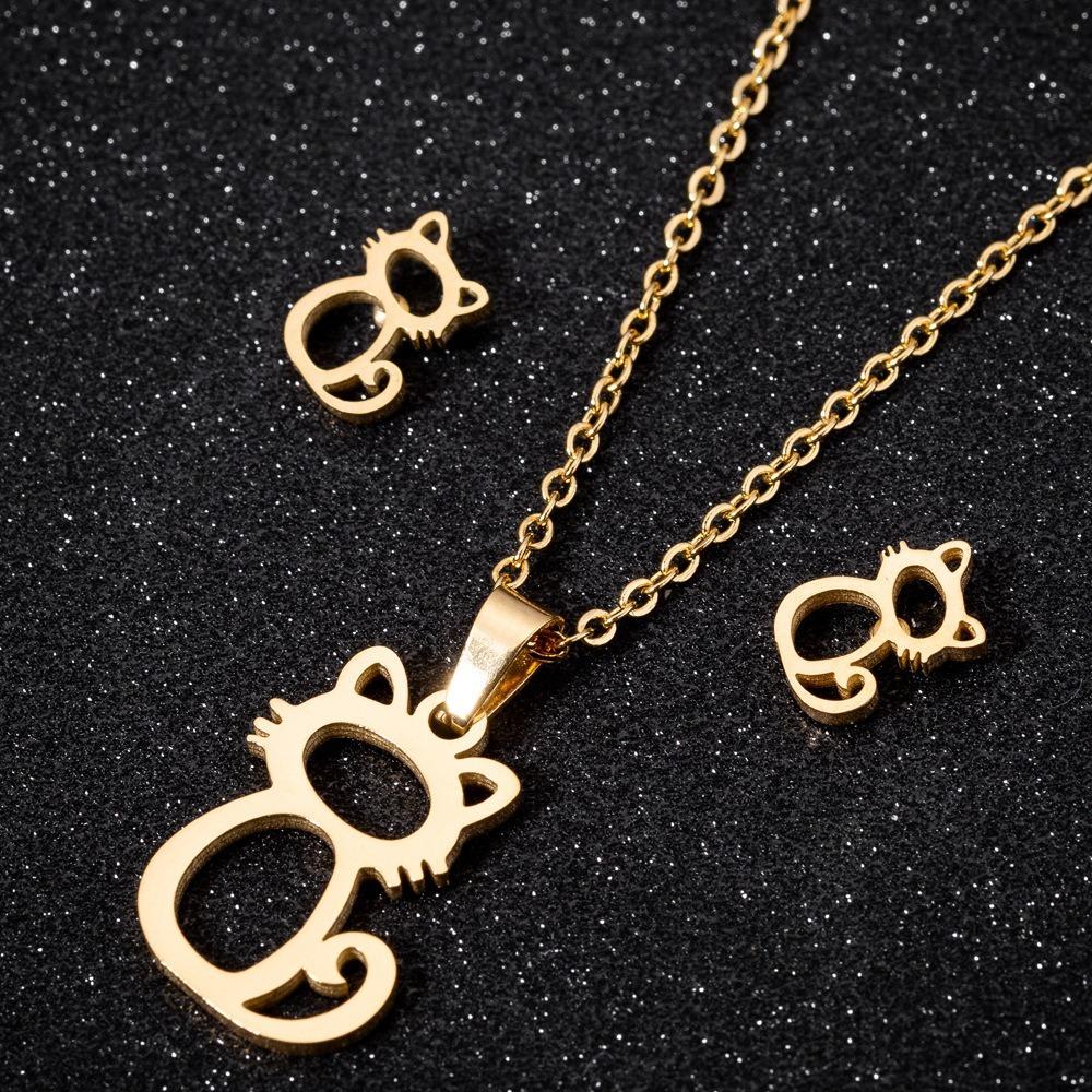 2pcs Set Korea Fashion Hollowed-out Cute Little Cat Stud Earrings Necklace Set for Women New Design Stainless Steel Jewelry Gift