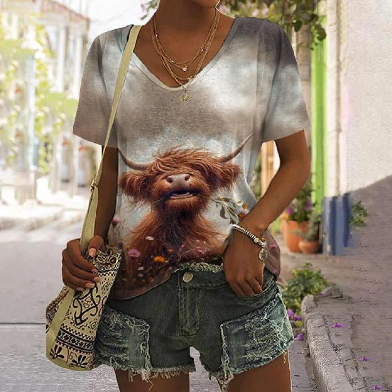 Женская футболка с изображением животных, летняя повседневная футболка с короткими рукавами, милый топ с принтом теленка, уличная мода с 3d принтом, женская одежда в стиле Харадзюку с v-образным вырезом